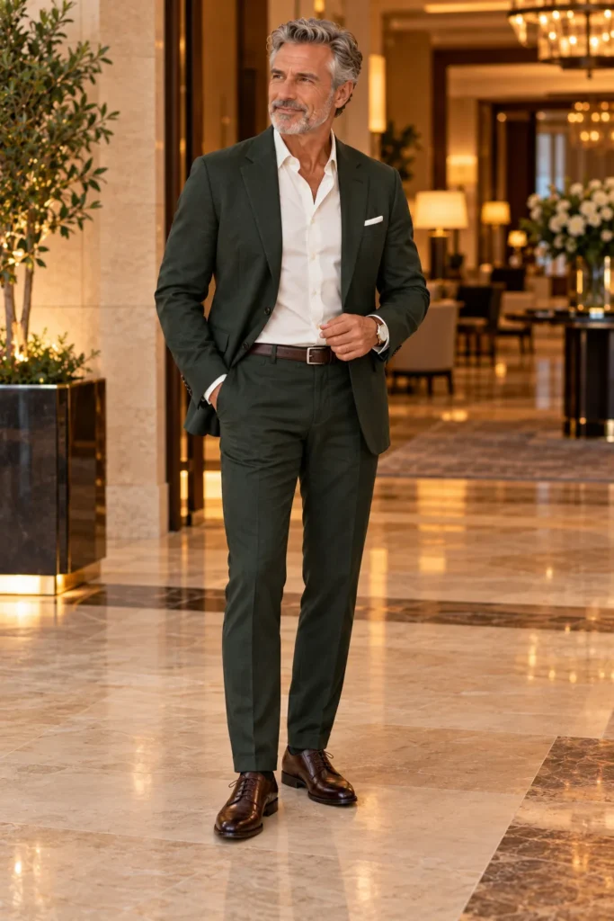 photograph of a well-groomed 60-year-old man with silver hair and a neatly trimmed beard standing in the entrance hall of an upscale hotel