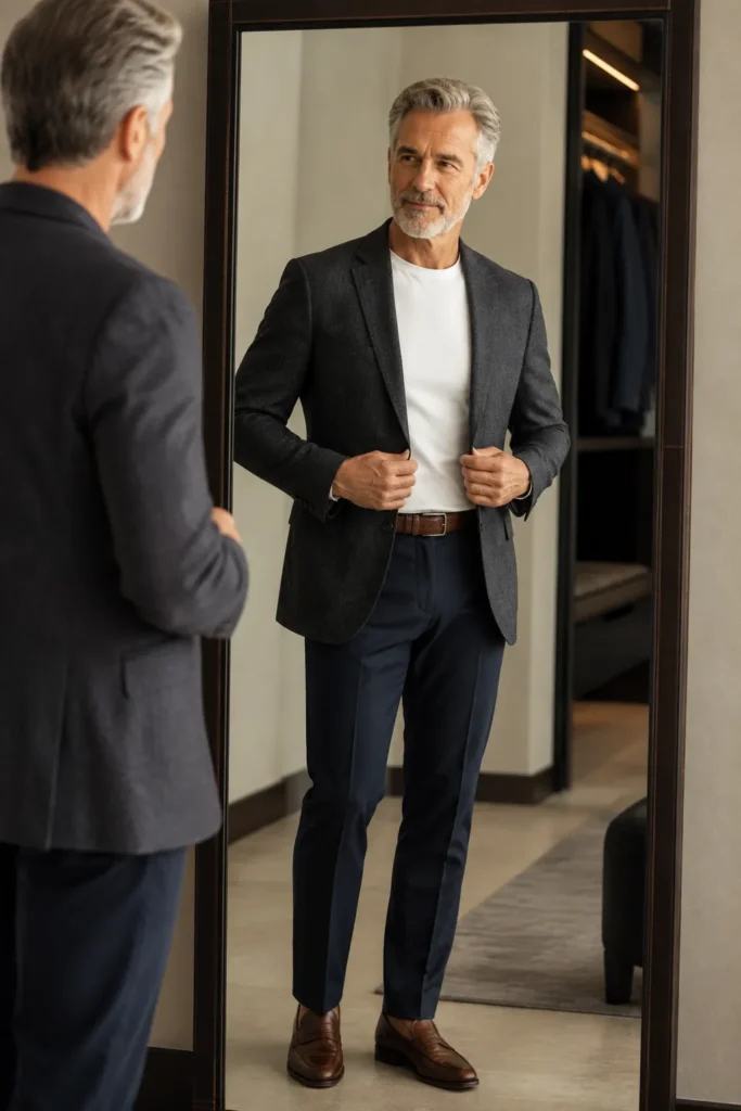 photograph featuring a distinguished 61-year-old man with neatly styled silver-gray hair and a short well-groomed beard