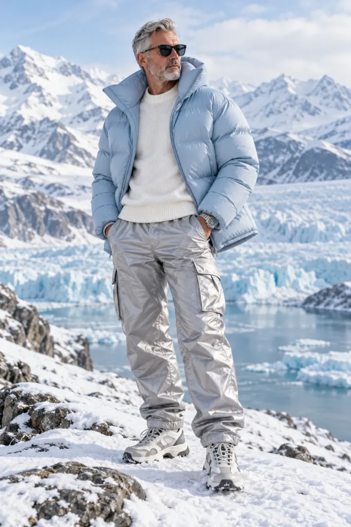 Glacier Blue Puffer with Silver Cargo Pants