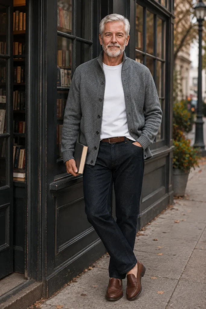 photograph featuring a distinguished 68-year-old mature man with short silver-white hair, neatly groomed white beard, broad natural build