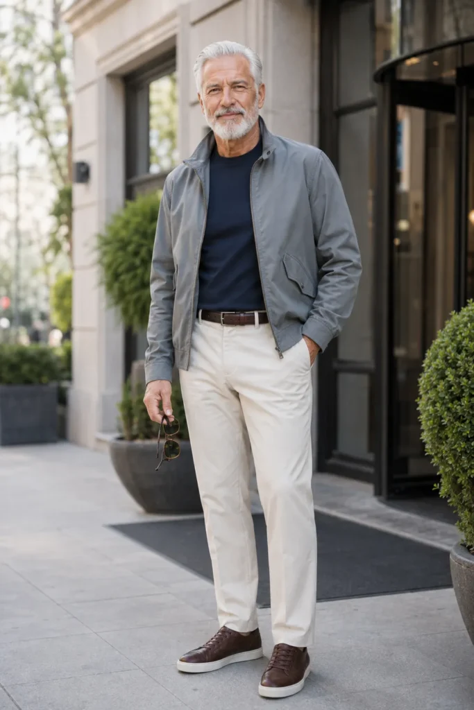 photograph featuring a 69-year-old mature man with a broad natural build, short silver-white hair, neatly groomed white beard