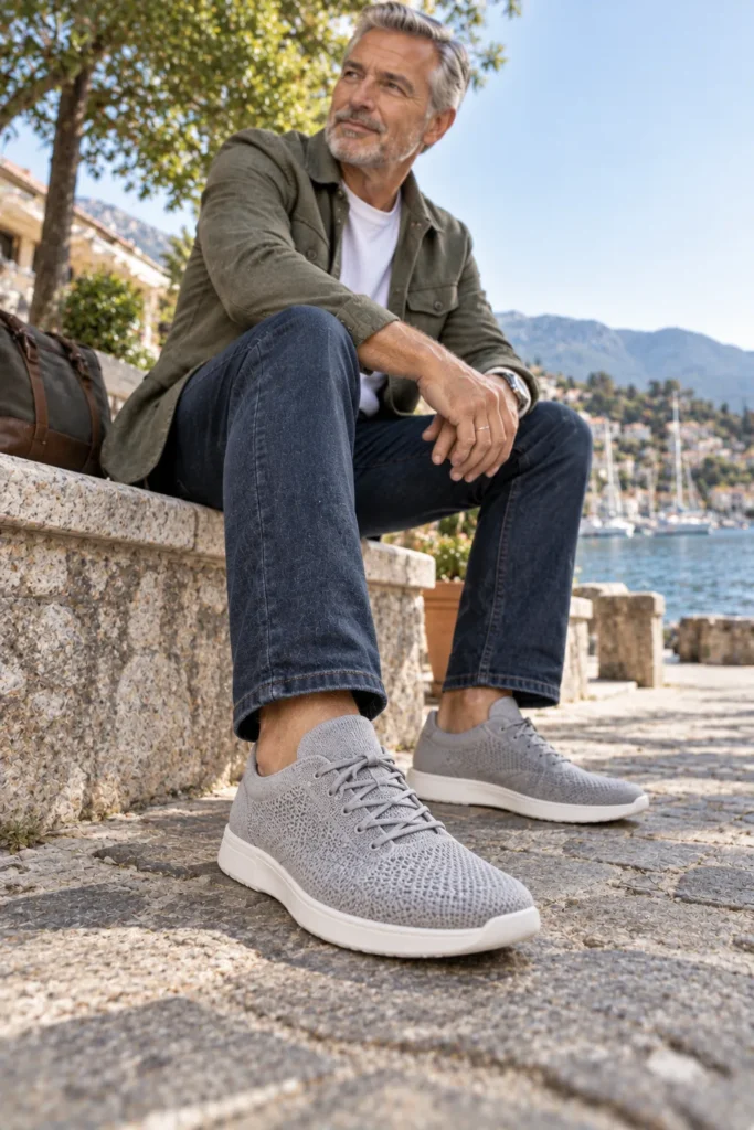 photograph featuring a mature man around 55 wearing lightweight grey knit sneakers
