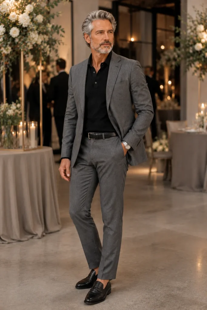 photo of a fit mature man around 55 with silver-grey hair and a short grey beard wearing a well-fitted medium-grey suit