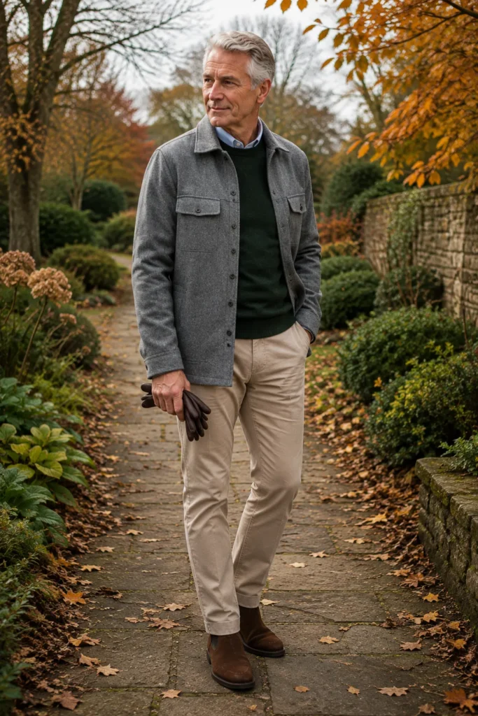 photograph of a 60-year-old man wearing a grey wool overshirt over a forest-green crewneck sweater and pale blue shirt