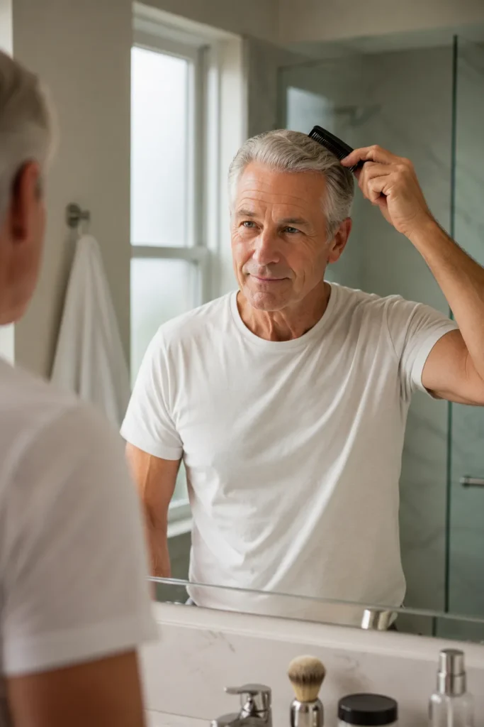photo of a well-groomed 60-year-old man combing his neatly styled gray hair while looking into a bathroom mirror