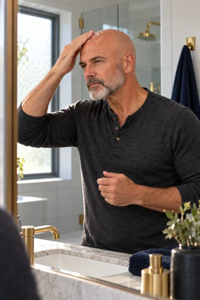 photograph featuring a polished 59-year-old bald man with a neatly shaped salt-and-pepper beard performing his final grooming check in a bathroom mirror