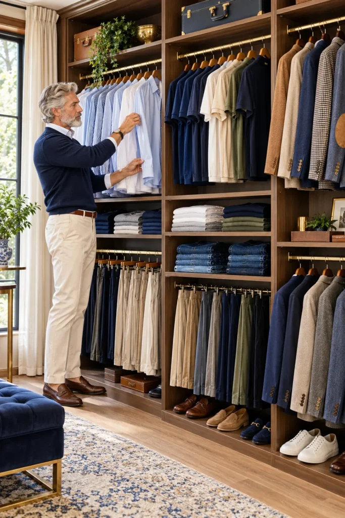 photograph for a men's style article. Show an open, spacious wardrobe with clothing arranged in clear groups