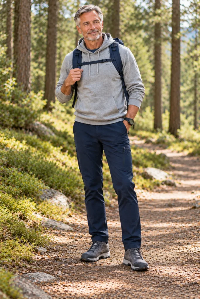  photograph of a 57-year-old man with short gray hair wearing a heather gray lightweight hoodie
