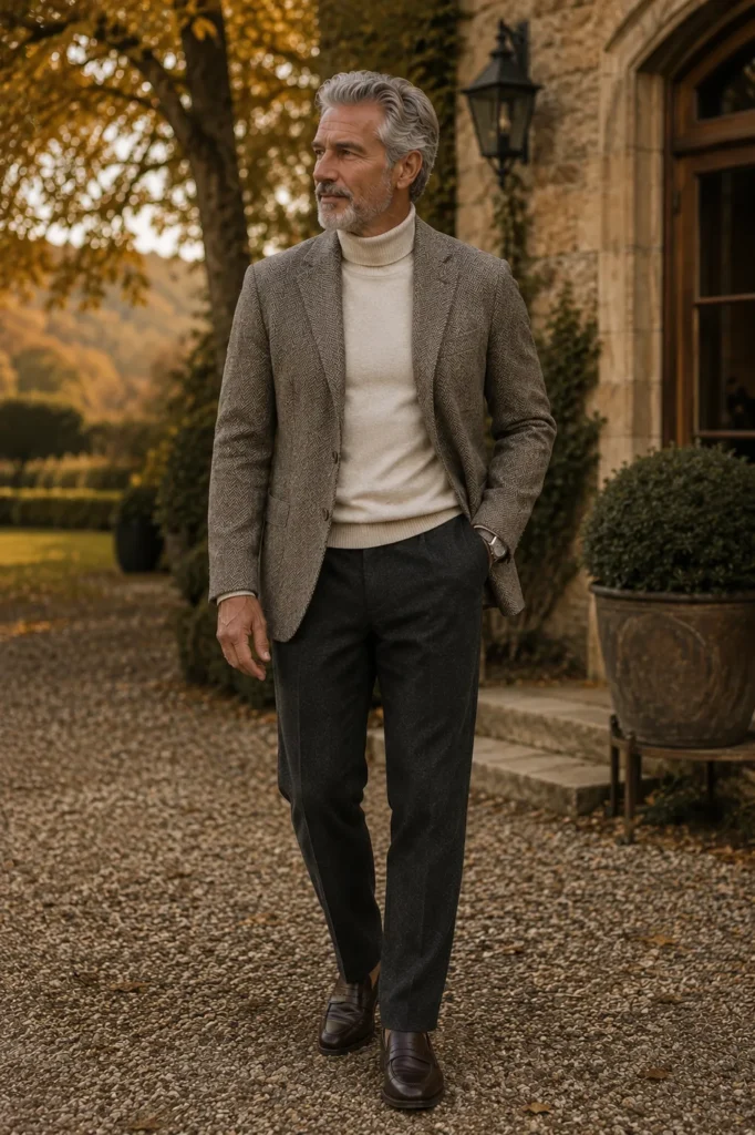 photograph featuring an elegant 63-year-old man with short silver hair and neatly trimmed gray beard