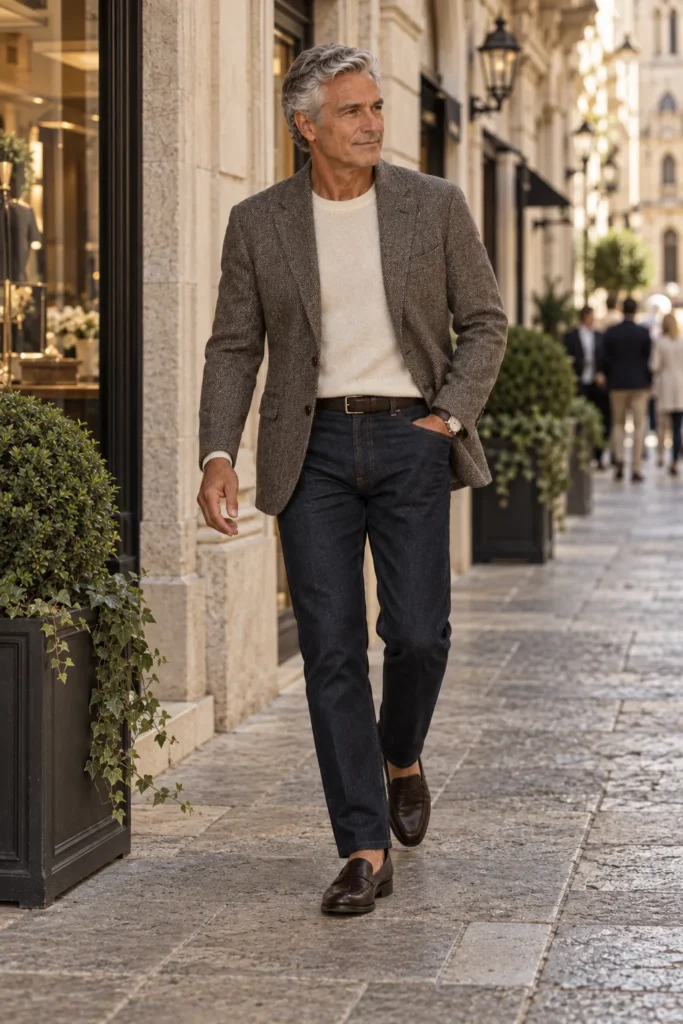 photograph of a distinguished 61-year-old man with neatly styled grey hair wearing a soft brown-grey herringbone sport coat
