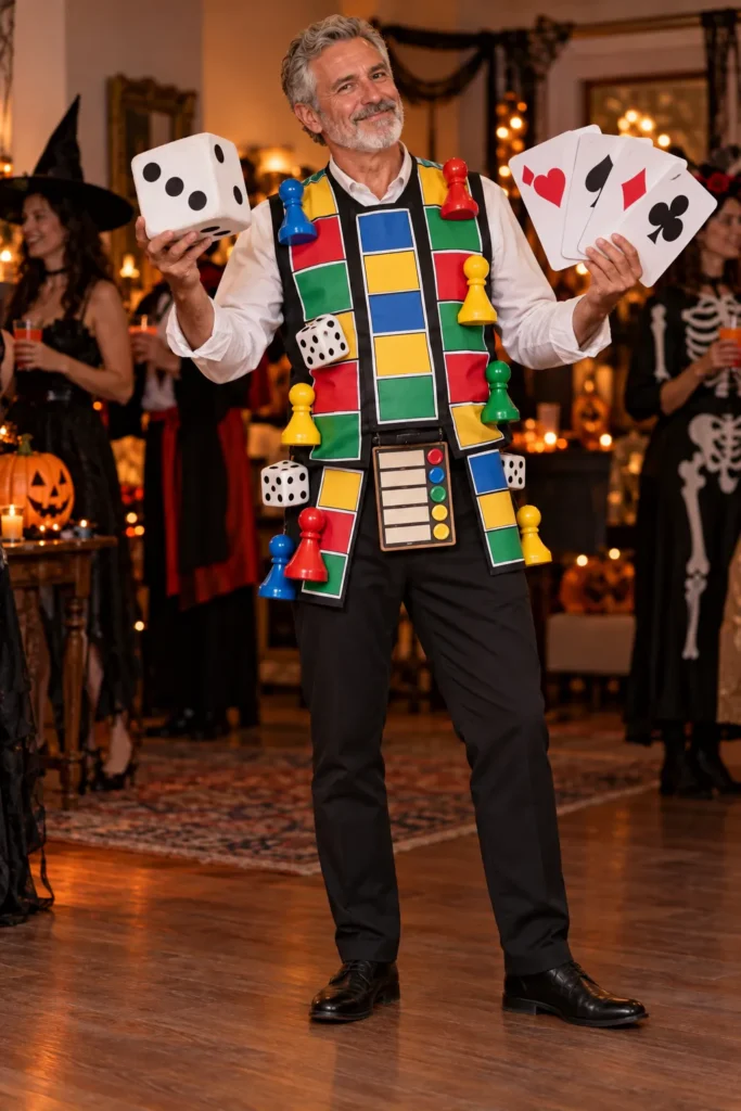 photograph featuring a different 57-year-old man with short gray hair and a neatly trimmed gray beard dressed as a giant human board game