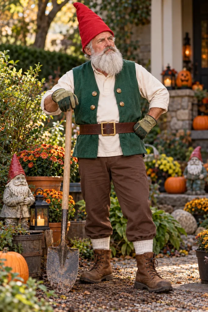 photograph featuring a different 58-year-old man with a neatly trimmed gray beard wearing a funny human garden gnome costume