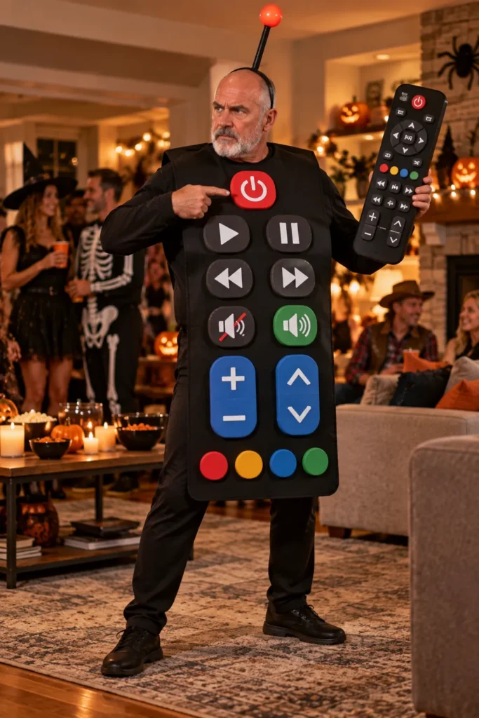 photograph of a different 59-year-old bald man with a neatly trimmed salt-and-pepper beard dressed as a giant human remote control