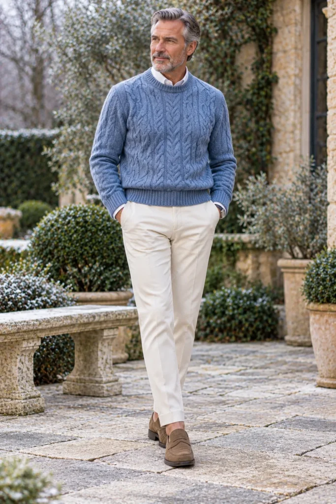wears a textured icy blue cable-knit crew-neck sweater, warm ecru straight-leg chinos, and taupe suede loafers