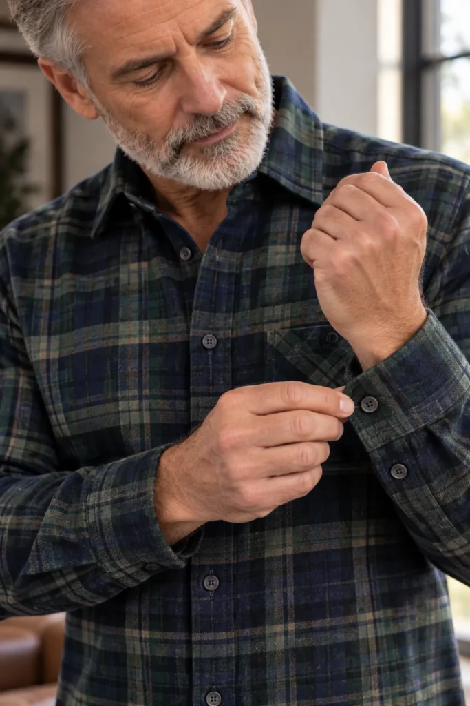 photograph showing a stylish 60-year-old man with a silver-gray beard wearing a forest-green and navy plaid flannel shirt