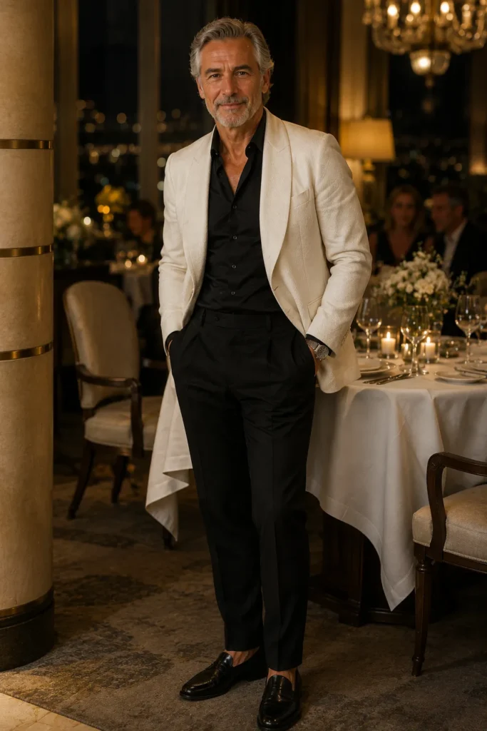photograph of a distinguished 60-year-old man celebrating his birthday at an elegant luxury hotel dinner