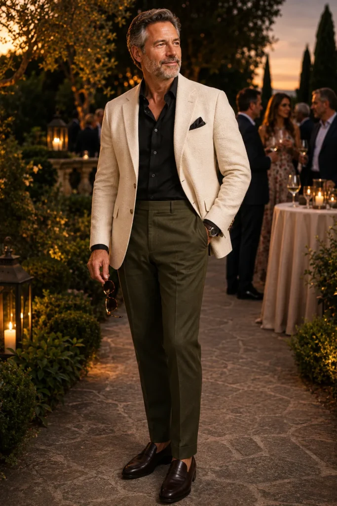 photograph of a distinguished 59-year-old man at an elegant garden cocktail celebration