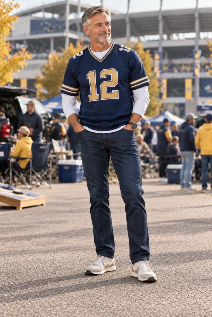 photograph of a 55-year-old man with short silver hair wearing a navy football jersey over a fitted but comfortable white long-sleeve T-shirt