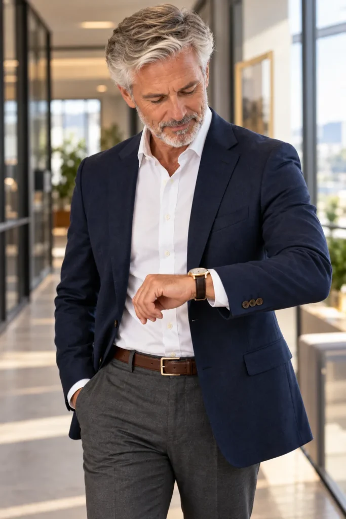 photograph of a stylish 59-year-old man with short silver hair and a neatly trimmed beard wearing a navy blazer