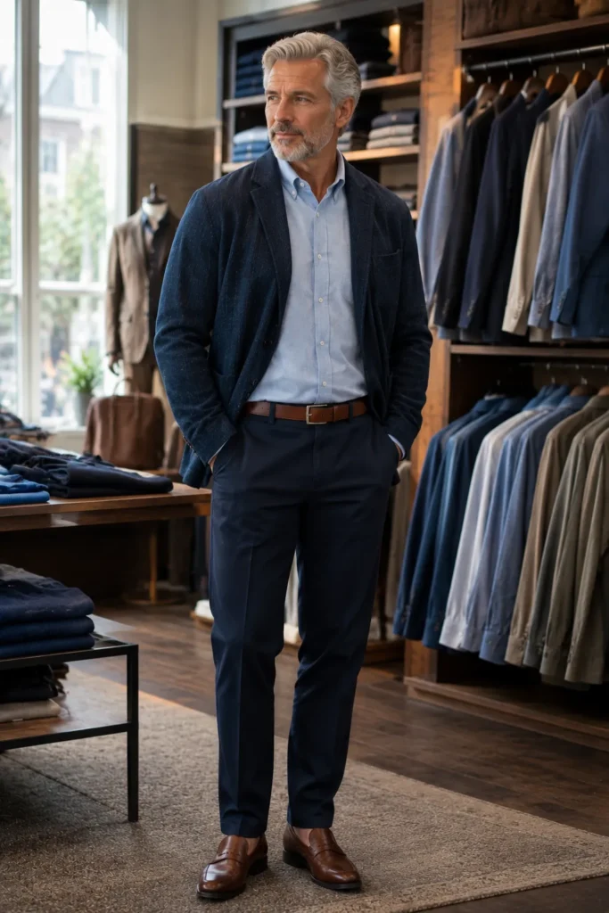 photo representing a coordinated men's outfit using similar shades from the same color family