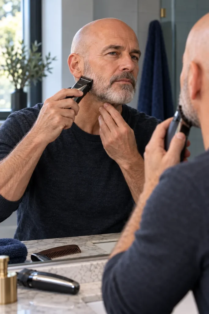 photograph of a 60-year-old bald man with a short gray beard using an electric beard trimmer at one consistent length setting across his cheeks and chin