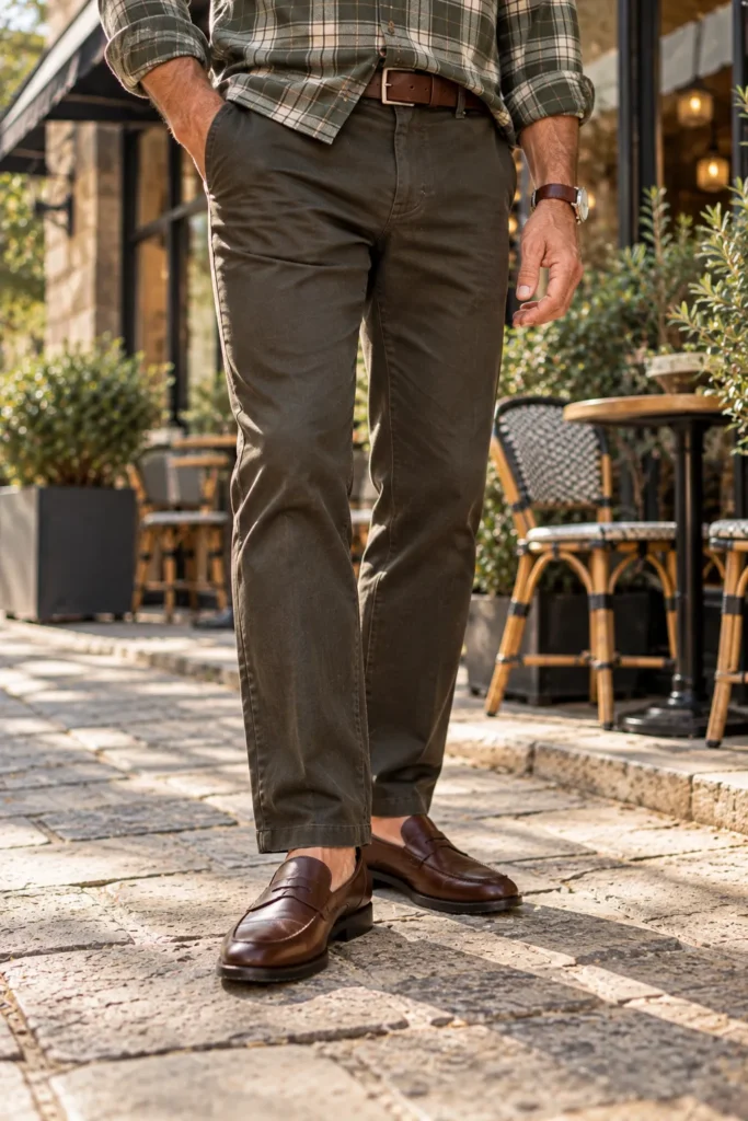 photograph focused on the lower half of a stylish 60-year-old man's outfit, showing dark straight-leg trousers ending neatly above polished brown leather loafers