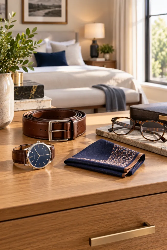 hoto representing simple men's accessories for a stylish man over 50. The scene features a classic wristwatch