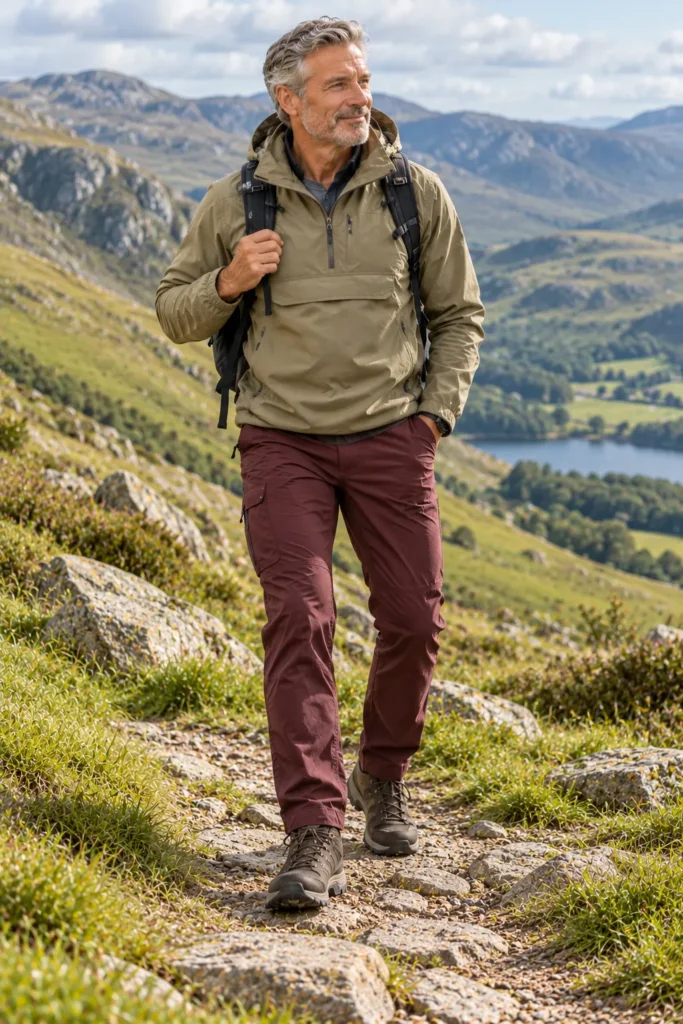 photograph of a 59-year-old man with silver hair wearing a lightweight khaki pullover anorak with a practical front pocket