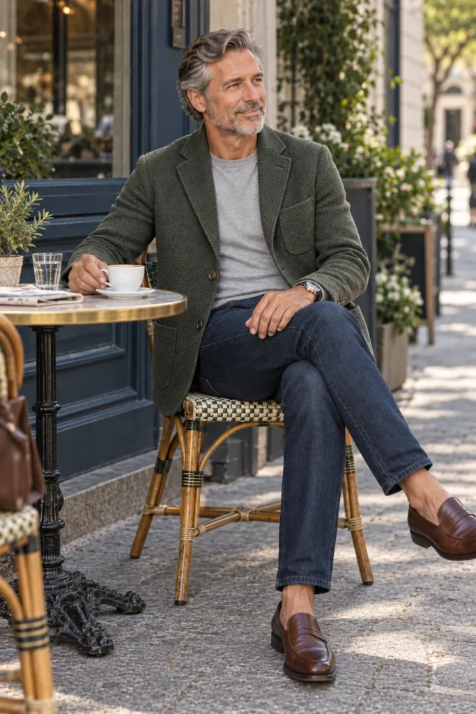 photograph of a mature man around 55 wearing a dark navy knit blazer with a fine textured weave over a light gray merino crewneck sweater, dark blue jeans
