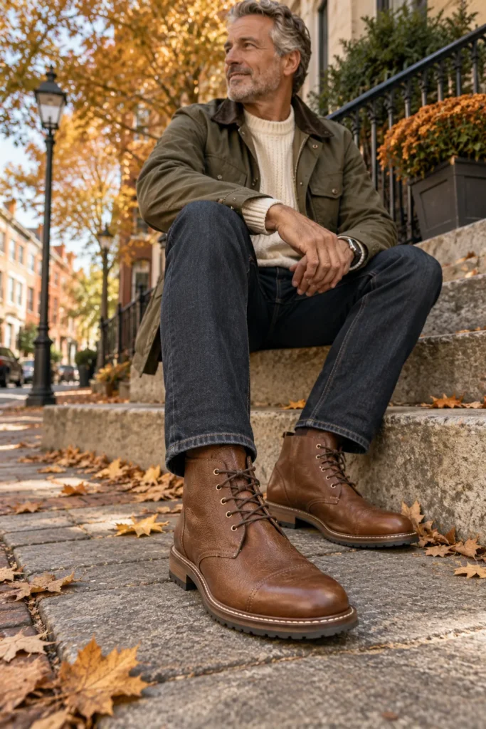 photograph featuring medium brown leather lace-up boots as the main focus