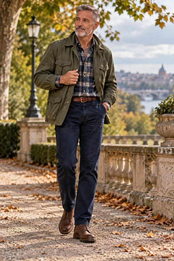 photograph of a stylish 58-year-old man with short salt-and-pepper hair and a trimmed gray beard wearing a navy and gray plaid flannel shirt under an open olive casual field jacket