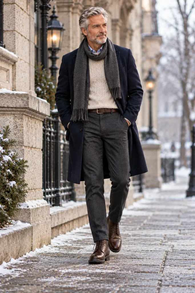 photograph featuring a stylish 60-year-old man with short silver hair and a neatly groomed gray beard.