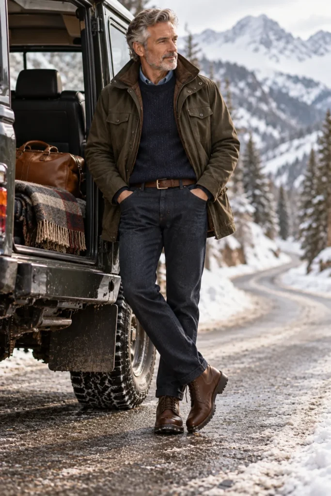 photograph of a stylish 59-year-old man with short salt-and-pepper hair and a neatly trimmed beard wearing a rugged dark olive winter coat layered over a navy wool sweater and light blue chambray shirt