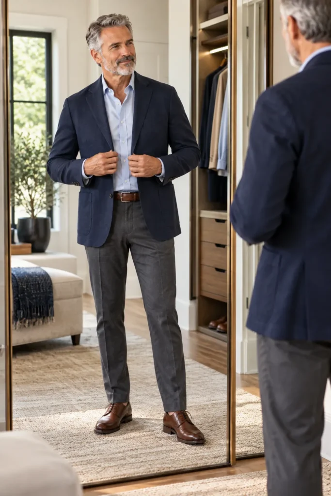 photograph featuring a 58-year-old man with short salt-and-pepper hair and a neatly trimmed beard checking the fit of a navy casual blazer in front of a full-length mirror