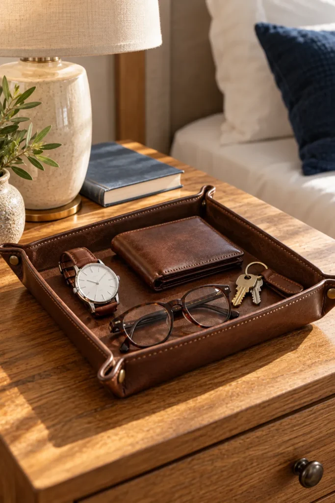 photograph of a dark brown leather valet tray placed on a clean wooden bedside table