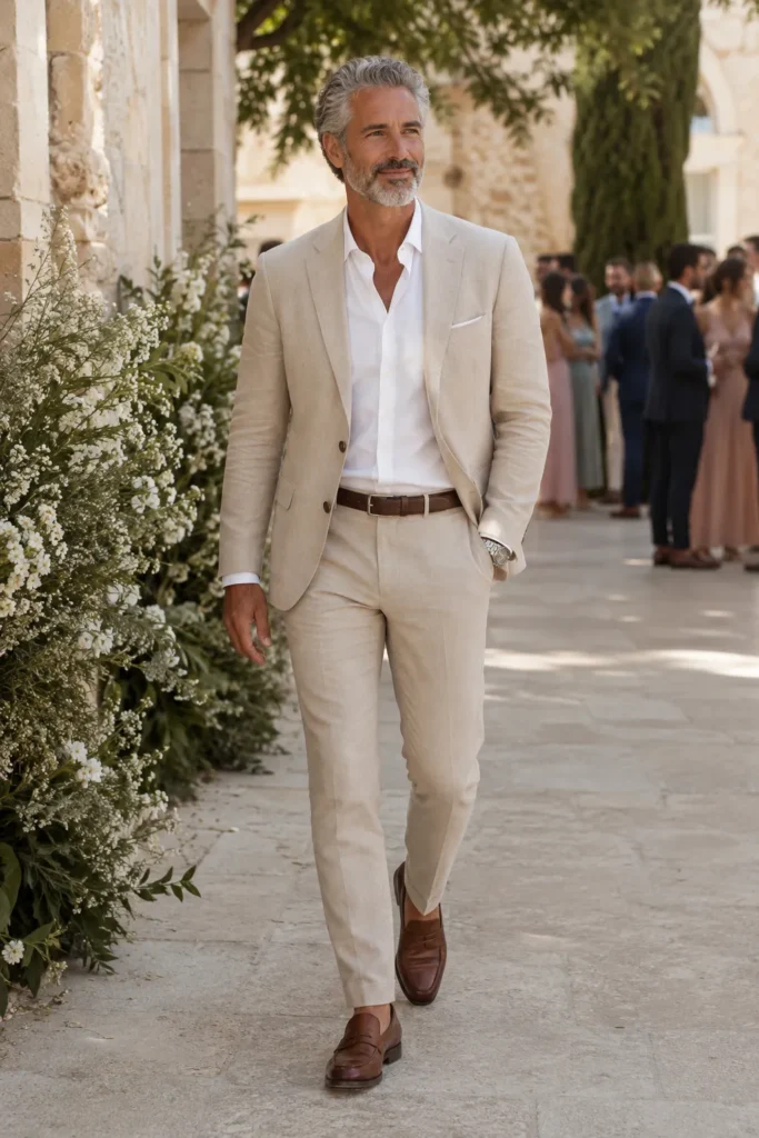 photo of an elegant 50-year-old silver-haired man with a short well-groomed grey beard wearing a light beige tailored suit