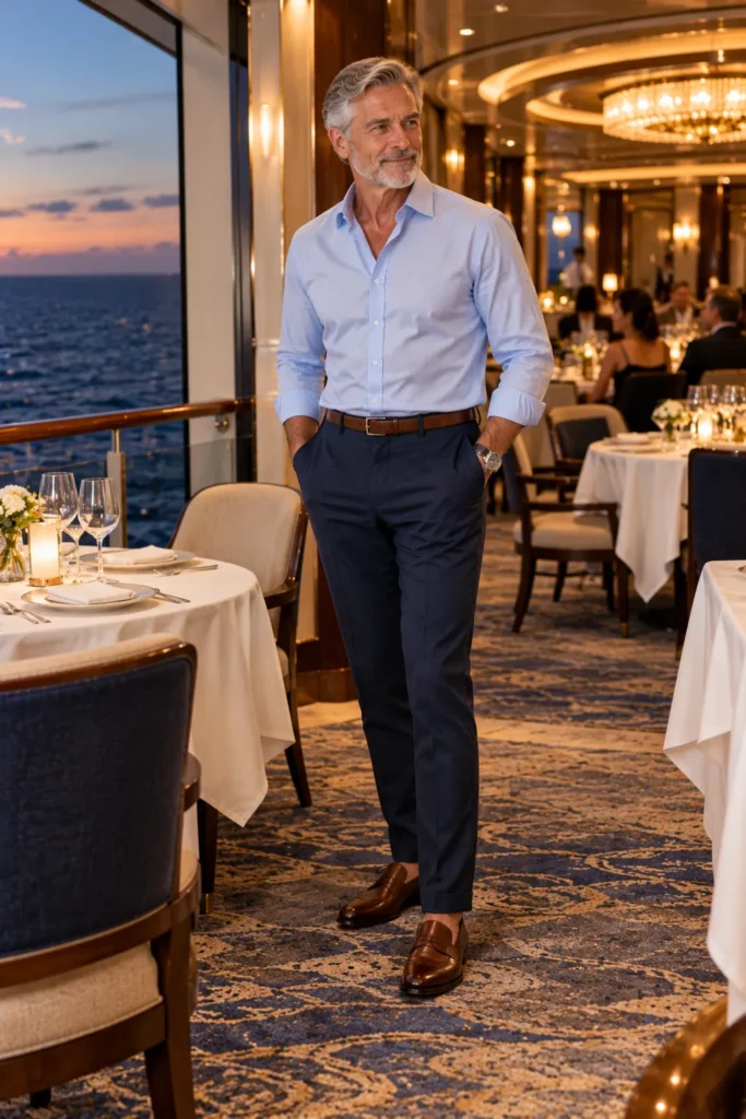 photograph of a 60-year-old man with short gray hair standing in an elegant cruise ship dining room.