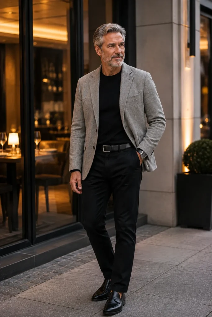 photograph featuring a distinguished 62-year-old mature man with short silver hair