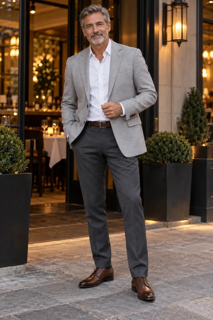 photograph of a mature man around 57 wearing a light gray tailored blazer over a clean white button-down shirt