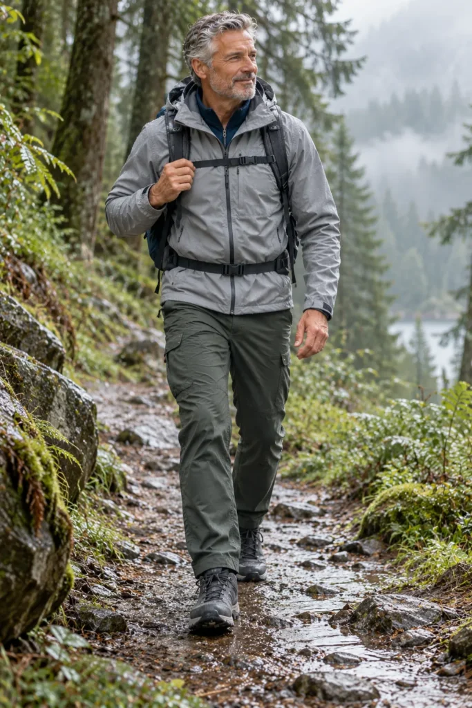 photograph of a 59-year-old man with short silver hair wearing a light gray waterproof rain jacket with an adjustable hood