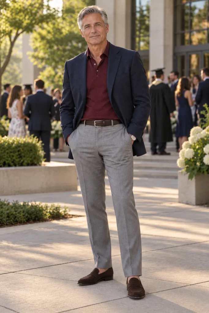 photograph of a distinguished 57-year-old man at his child's graduation celebration