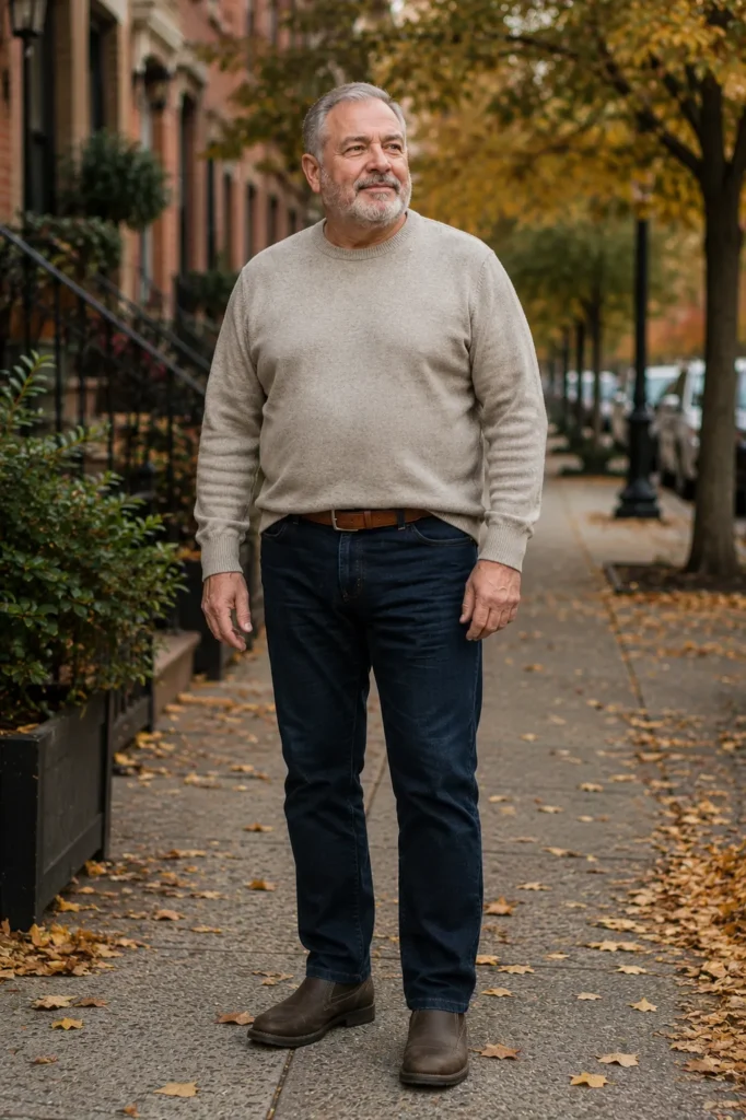 photograph of a completely different 68-year-old plus-size man with a broad oval face, light skin, gray-blue eyes