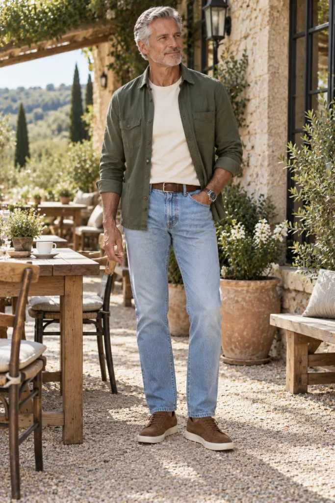photograph of a distinguished 59-year-old man with silver-grey hair wearing clean light-wash blue straight-leg jeans