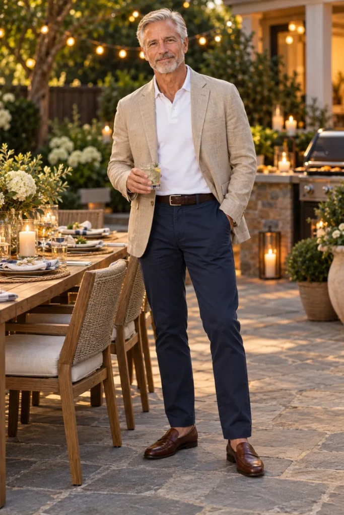 photograph of a sophisticated 62-year-old man with silver hair and a neatly trimmed gray beard at a slightly dressy backyard barbecue in the early evening. 