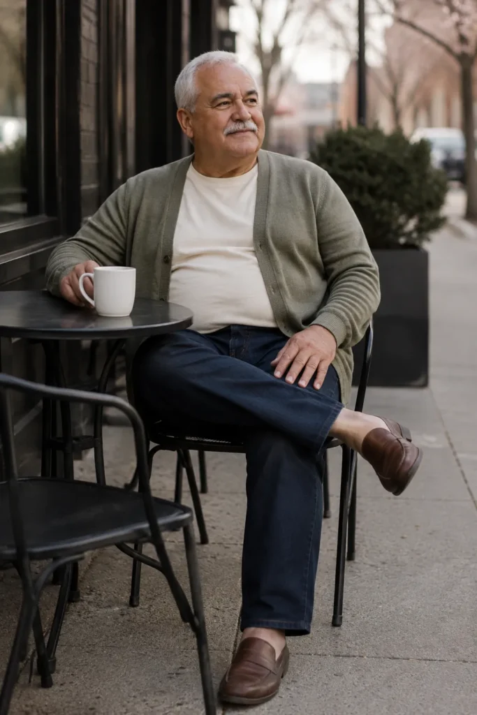 photograph of a completely different 66-year-old plus-size man with a round face, warm beige skin