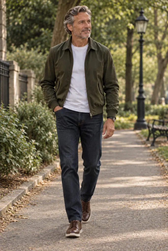 photograph of a mature man around 57 wearing a lightweight dark olive Harrington jacket over a simple white crewneck T-shirt