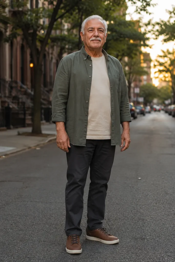 photograph of a completely different 69-year-old plus-size man with a narrow oval face