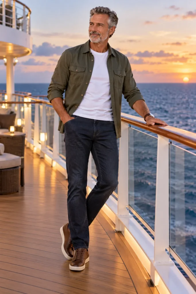 photograph of a 60-year-old man with short silver hair standing on a cruise ship deck in the early evening