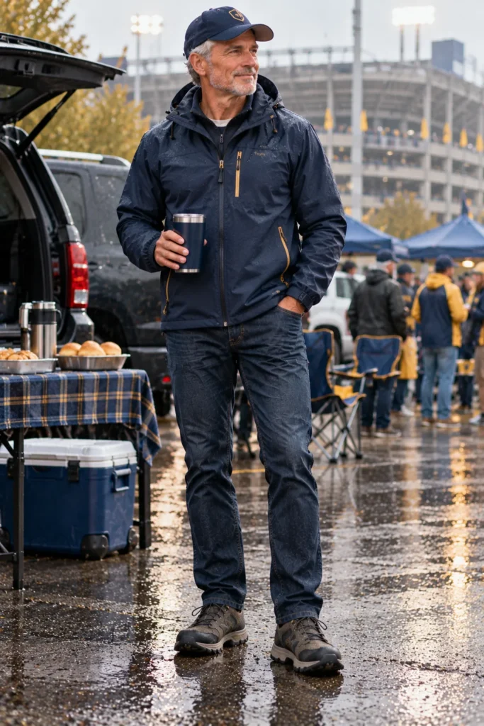 photograph of a 58-year-old man with short gray hair wearing a lightweight navy waterproof rain jacket with subtle gold zipper details
