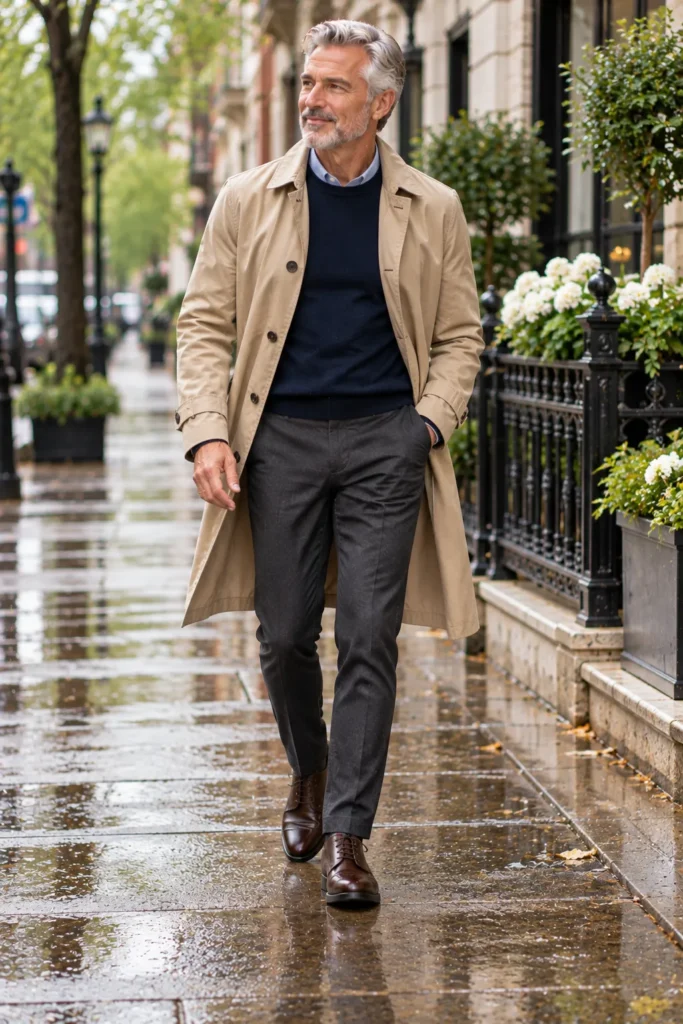 photorealistic men's spring fashion editorial featuring a 62-year-old man with short silver hair and a neatly trimmed gray beard